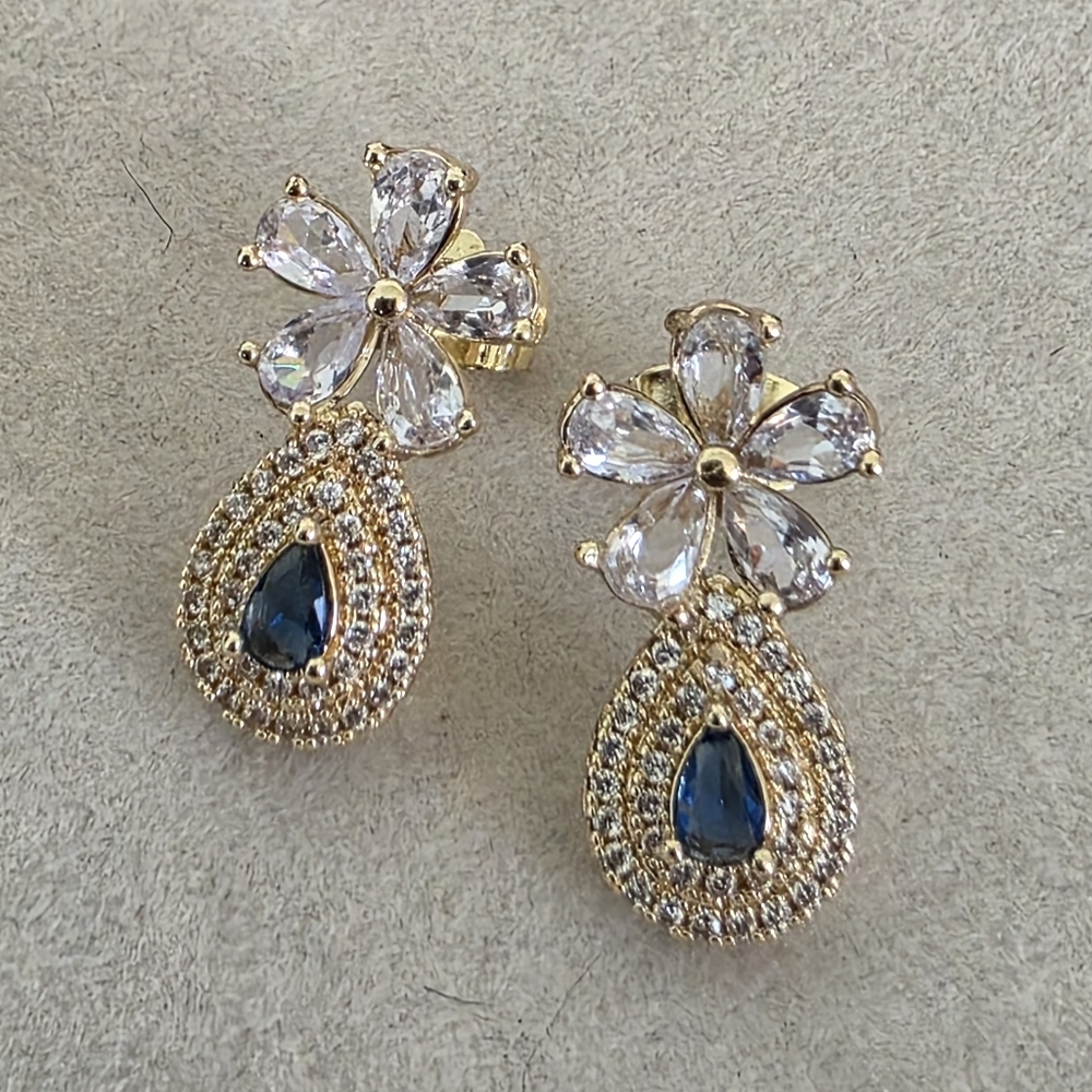Gold Filled Earrings Flower Pave Teardrop and CZ Blue Sapphire Accent